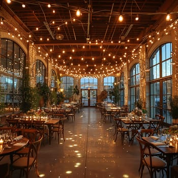 Industrial-chic wedding venue with metal beams and Edison lights.