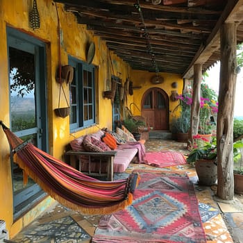 Colorful and Eclectic Decorations on Bohemian Bungalow, with outdoor hammock.