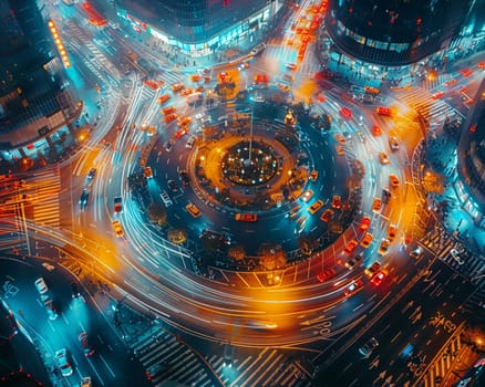 Time-lapse photography of busy intersection at night, illustrating urban life and motion.