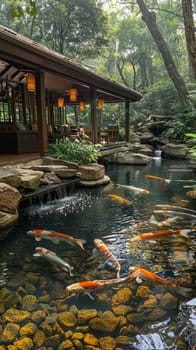 Tranquil koi pond with a surrounding sitting area and lush landscaping.