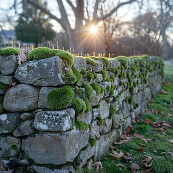 Moss-covered stone wall, symbolizing history and nature.