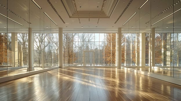 Contemporary ballet studio with mirrored walls and barres.