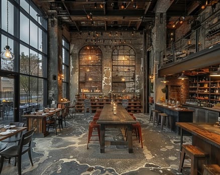 Industrial chic event space with raw textures and flexible layouts.