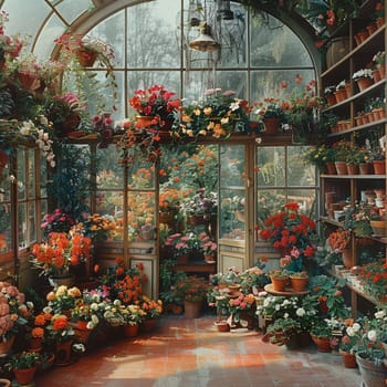Victorian greenhouse with a collection of exotic plants and flowers.