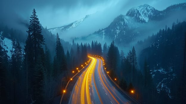 Light trails on mountain road at night, illustrating motion and journey.