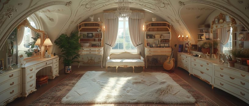 Glamorous dressing room with a vintage vanity and soft, plush rugs