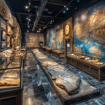 Historical museum exhibit space with interactive displays, artifacts, and educational panels.