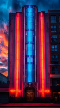 Classic Art Deco Facades on Historic Building, illuminated with neon lights.