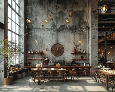 Industrial chic event space with raw textures and flexible layouts.