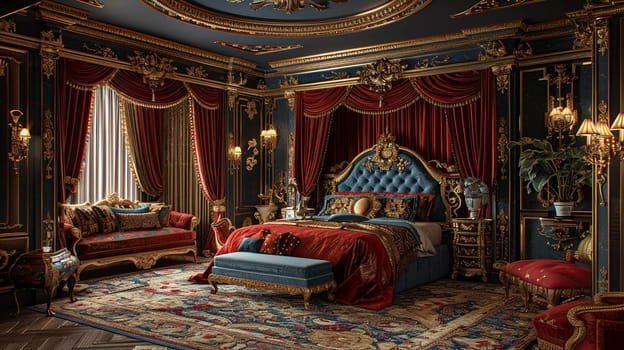 Opulent bedroom with a velvet canopy bed and gold decorative elements.