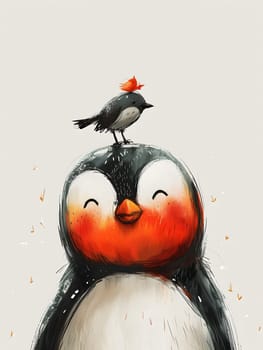 A penguin with a perching bird on its head, resembling a snowman. The bird has a carmine beak and feathers, adding a touch of creativity to the scene. It looks like a piece of art or a toy painting