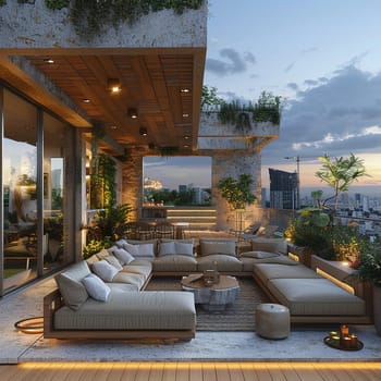 Contemporary rooftop terrace with comfortable lounging areas and city views.