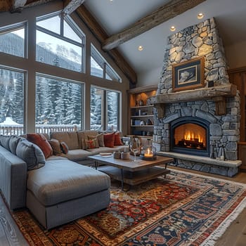 Cozy mountain cabin living room with a stone fireplace and wooden beams.