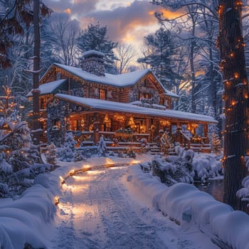 Snowy Cabin with Holiday Decorations and Warm Lights, holiday cabin oasis in a winter wonderland.