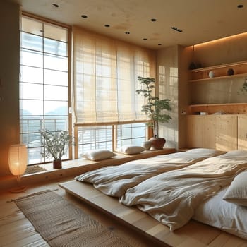 Minimalist Japanese-inspired bedroom with sliding shoji screens.