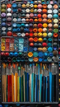 Set of art supplies neatly arranged, representing creativity and arts.