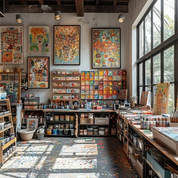 Eclectic artist's studio with vibrant artwork and a variety of materials