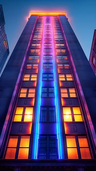 Classic Art Deco Facades on Historic Building, illuminated with neon lights.