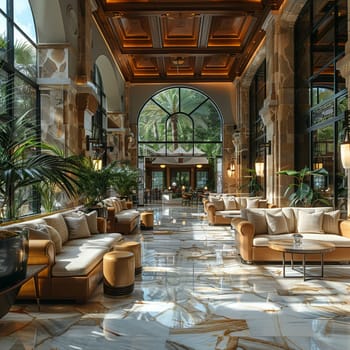 Lavish hotel lobby with marble floors, lush plants, and comfortable seating areas