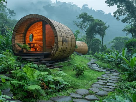 Sustainable Bamboo Structure Promoting Eco-Tourism, bamboo eco-pod in a serene natural environment.