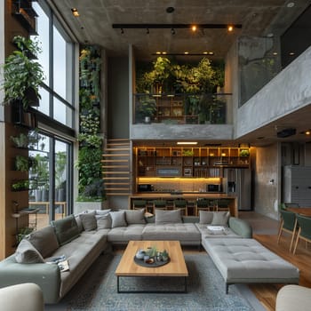Sustainable home interior with recycled materials and green walls.