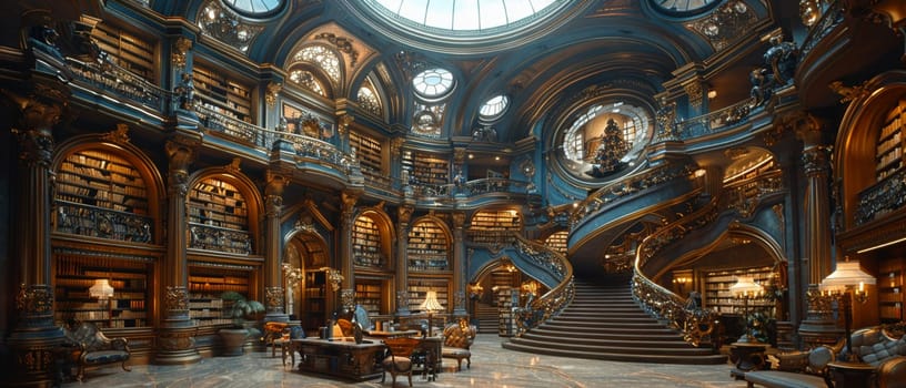 Grand library with a spiral staircase and domed ceiling.