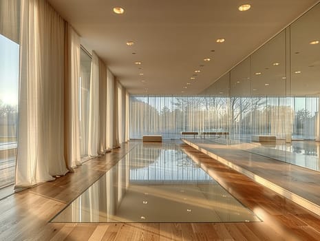 Contemporary ballet studio with mirrored walls and barres.