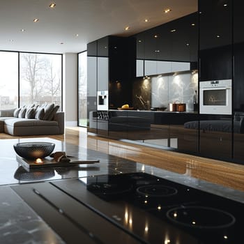 Ultra-modern kitchen with smart appliances and sleek, reflective surfaces