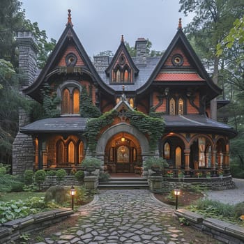 Ornate Gothic Revival House with Pointed Arches, gothic architectural grandeur.