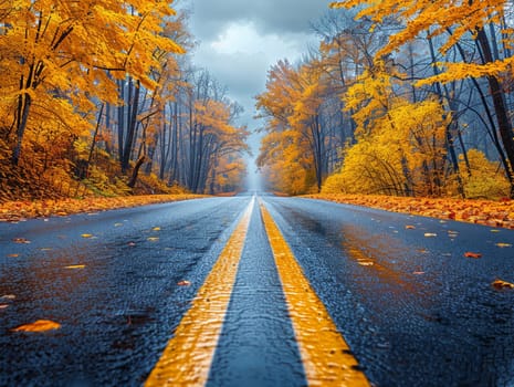 Scene of empty road leading through colorful autumn forest, suggesting travel and seasons.