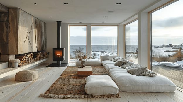 Scandinavian cabin with a wood stove and minimalist furnishings.