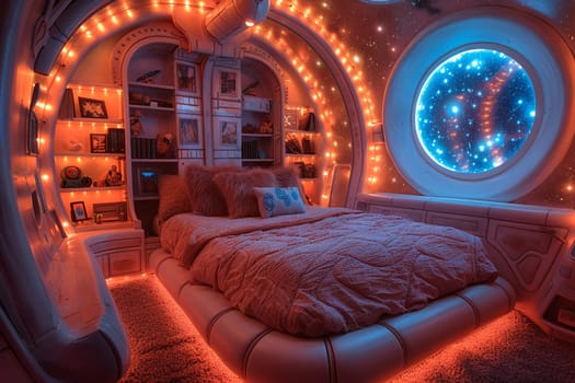 Space-themed bedroom with galaxy murals, spaceship bed, and LED starlights.