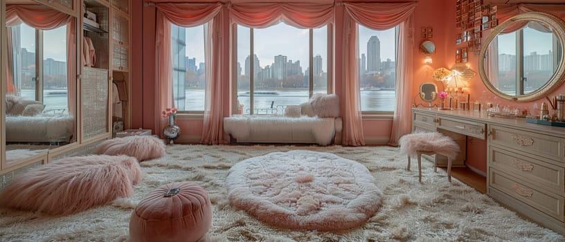 Glamorous dressing room with a vintage vanity and soft, plush rugs