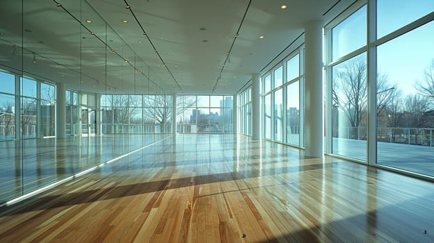 Contemporary ballet studio with mirrored walls and barres.