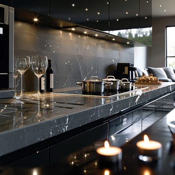 Ultra-modern kitchen with smart appliances and sleek, reflective surfaces