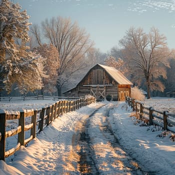 Rustic barn in snowy landscape, representing rural life and winter.