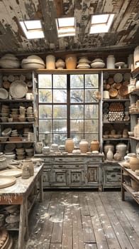 Rustic pottery studio with clay tools and a kiln.