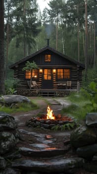 Log Cabin Surrounded by Forest with Outdoor Fire Pit, rustic retreat in nature.