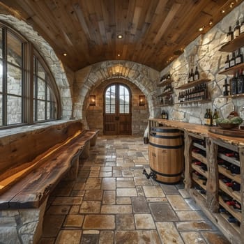 Rustic wine cellar with stone walls and wooden wine racks.