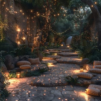 Moonlit garden with luminescent plants and a star-gazing area.