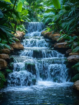 Cascading waterfall in lush tropical setting, symbolizing power and nature.