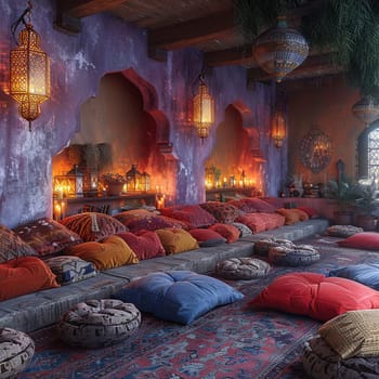 Moroccan-style lounge with rich colors, lanterns, and comfortable low seating