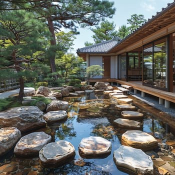 Ornamental Japanese Garden with Traditional Elements, Japanese garden tranquility with aesthetic precision.