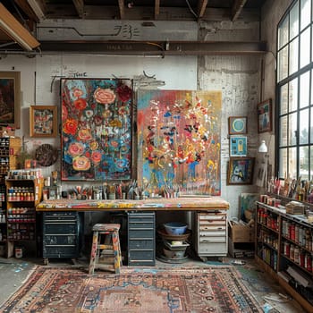 Eclectic artist's studio with vibrant artwork and a variety of materials