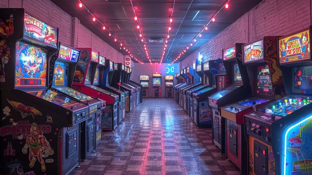 Retro arcade with classic video games, pinball machines, and a snack bar.