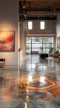 Minimalist gallery space with abstract art and polished concrete floors.
