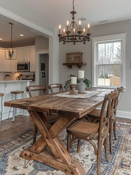 Warm and inviting dining room with a rustic farmhouse table and candle chandelier.