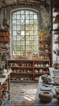 Rustic pottery studio with clay tools and a kiln.