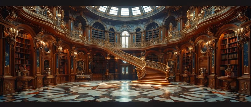 Grand library with a spiral staircase and domed ceiling.