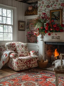 Traditional English cottage living room with floral patterns and cozy fireplace.